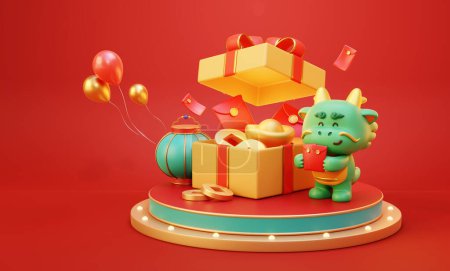 Figura de dragón CNY adorable 3D y caja de sorpresa llena de decoraciones festivas muestran en el escenario.