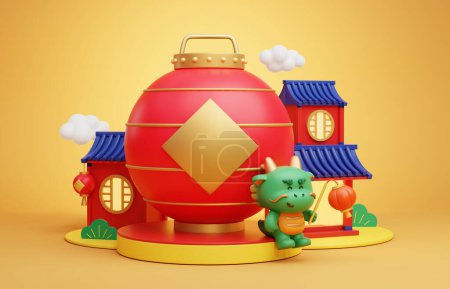 Téléchargez les photos : Lanterne chinoise CNY 3D, bâtiments traditionnels et dragon sur le podium de l'affichage sur fond jaune. - en image libre de droit