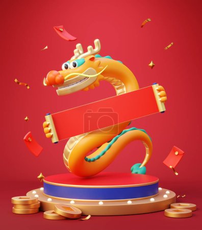 Téléchargez les photos : Dragon fortune CNY 3D tenant le couplet sur le podium d'affichage sur fond rouge avec des décors festifs. - en image libre de droit