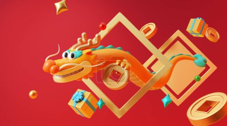 Téléchargez les photos : Dragon CNY 3D de bon augure volant à travers le cadre doré doufang autour de décors festifs sur fond rouge - en image libre de droit