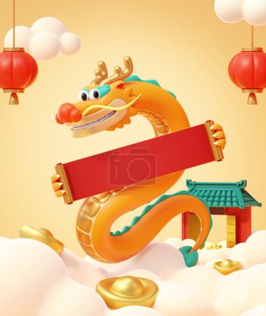 Téléchargez les photos : Dragon CNY 3D tenant un couplet sur fond de ciel avec des lanternes, des lingots d'or et une ancienne porte à l'arrière. - en image libre de droit