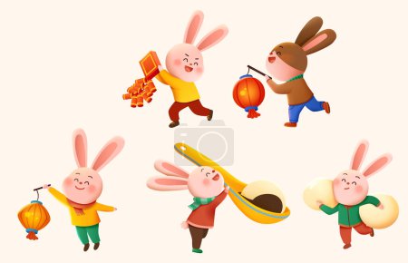 Ilustración de Ilustración de cinco conejos celebrando el Festival de la Linterna China, dos de ellos sosteniendo linternas, algunos sosteniendo bolas de arroz glutinoso ya sea con brazos o cuchara y el otro sosteniendo petardos. - Imagen libre de derechos