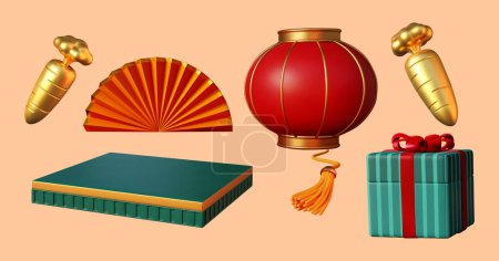 Illustration for 3D Illustration of red lantern, fan, golden carrots, emerald giftbox and display stage isolated on light orange background. - Royalty Free Image
