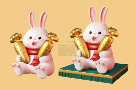 Ilustración de Ilustraciones 3D de conejos gordos con bufandas rojas sosteniendo dos zanahorias doradas en ambas manos, uno de ellos se sienta en el podio esmeralda cuadrada - Imagen libre de derechos
