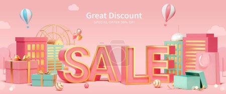 Illustration for 3D Pink shopping banner with city buildings and gift boxes and sale text on the ground - Royalty Free Image