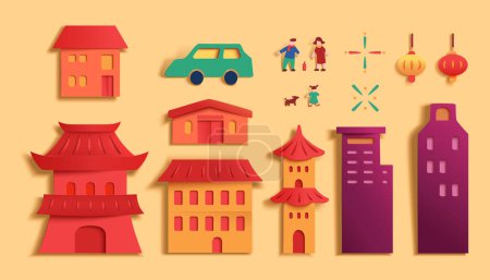 Ilustración de Elementos de estilo Papercut incluyendo linternas, fuegos artificiales, familia, coche, edificios chinos y rascacielos - Imagen libre de derechos