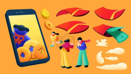 Illustration for Illustration of phone with lucky bag and coins on screen, adults greeting to each other, bending red envelopes, white puppy, and clouds isolated on orange background - Royalty Free Image