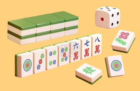 Tile based game Mahjong in rows and stack. 3D Illustration of Chinese dice, tiles of dots and characters in row, and tile stacks facing downward. Text: Fa. Liuwan. Qiwan. Bawan.