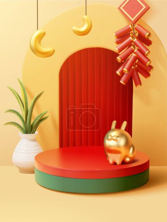 Illustration for 2023 New year display background with a round podium in front of an arch screen, and a golden rabbit figurine place on the edge of the podium - Royalty Free Image