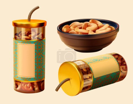 Illustration for 3D Illustration of two plastic jars filled with cashew. The lids shaped like firecracker fuses and body labels in turquoise. A black bowl full of nuts. Mockup and snack for Chinese new year - Royalty Free Image
