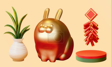 Illustration for 3D Illustration of a golden chubby bunny figurine, a white vase of snake plant that looks like a white carrot, firecreacker, and round podium of red and green color isolated on light orange background - Royalty Free Image