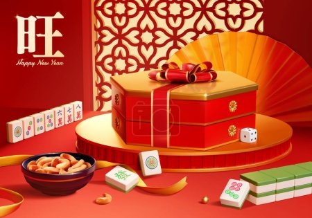 Cashew jar gift ad template. 3D Double layered hexagon gift box and a bowl of cashew surrounded by mahjong tiles. Text: Thriving. Fa. Liuwan. Qiwan. Bawan.