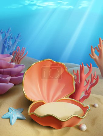 Illustration for Undersea landscape. 3D Illustration of big seashell as display pedestal with starfish, pearls and coral reefs on the sand and sunlight shine through water - Royalty Free Image