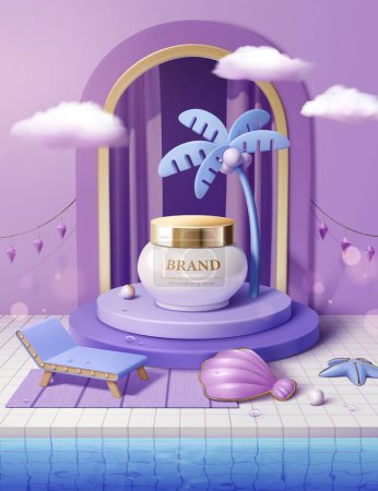 Illustration for Luxurious vacation style cosmetic ad template. 3d illustrated hydrating serum, pearl, and palm tree on purple stage with arch and curtain by pool. - Royalty Free Image