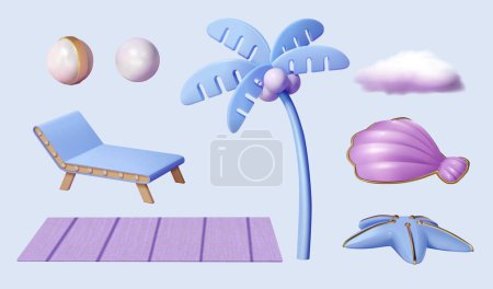 Illustration for 3D Illustration of beach element. Set includes pearls, beach lounger, mat, palm tree, cloud, seashell, and starfish - Royalty Free Image