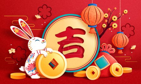 Illustration for Paper cut style illustration of a patterned rabbit holding a gold coin. Card decoreted with objects symbolized fortune on red background. Text: auspicious - Royalty Free Image