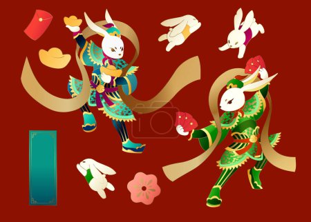 Ilustración de 2023 Conjunto de elementos de dios de la puerta china. Incluyendo conejos dios de la puerta sosteniendo sobres rojos e lingotes de oro, conejitos, pareado azul aislado sobre fondo rojo carmesí - Imagen libre de derechos