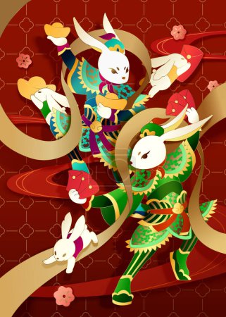 Ilustración de Poderosos conejos dios de la puerta sosteniendo sobres rojos e lingotes de oro sobre fondo rojo carmesí estampado - Imagen libre de derechos