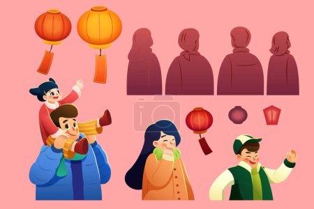Illustration for Illustration of a father carrying his daughter on his shoulders with other two family members, silhouettes of people's back, and lanterns with paper tags isolated on pink background - Royalty Free Image