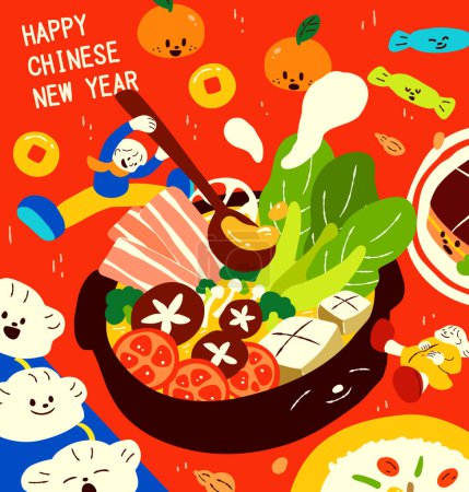 Illustration for Flat illustration of a boy scooping soup from the hotpot and a girl laying down with her full stomach. Other Chinese dishes are on the red table. - Royalty Free Image