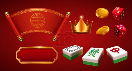 Ilustración de Ilustración 3D de azulejos del juego de mesa CNY mahjong, pergamino patrón oriental, corona, dados, marco de oro con fondo degradado. Traducción: Zhong. Fa - Imagen libre de derechos