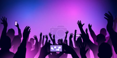 Ilustración de Silueta de multitudes levantando las manos y capturando imágenes con teléfonos inteligentes sobre fondo de neón. - Imagen libre de derechos