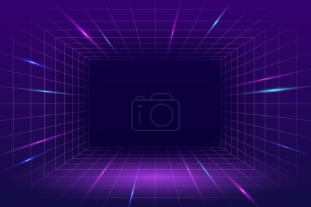 Ilustración 3D del espacio de cuadrícula de perspectiva de neón cyberpunk con líneas brillantes sobre fondo púrpura.
