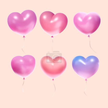 Illustration for Sets of 3D colorful heart shape balloon tied with ribbon isolated on pastel beige background. Suitable for Valentine's Day and Mother's Day decoration. - Royalty Free Image