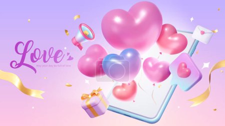 Illustration for 3D Heart shape balloons popping out from smartphone surrounded by confetti and love icon message on pink purple gradient background. Suitable for Valentine's Day sales ad banner. - Royalty Free Image