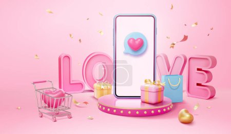 Illustration for Smartphone with heart message on display podium. Surrouded by gift boxes, bag, and shopping cart with heart and 3D love font in the back.Suitable for Valentine's Day sales ad banner. - Royalty Free Image