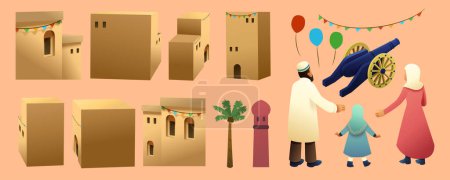 Illustration for Illustration of Muslim family standing alongside, canon, floating balloons, party buntings, desert buildings isolated on light orange background. - Royalty Free Image