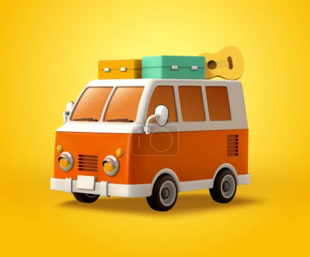 Illustration for 3d illustration of an orange mini van with luggage and guitar on top. Toy element for camping or travel activities. - Royalty Free Image