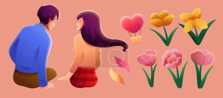 Ilustración de Illustration of Valentines Day elements, including smiling couple in sitting posture, love shape hot air balloon, flower petals, pink and yellow flowers isolated on burnt coral background. - Imagen libre de derechos