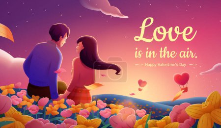 Illustration for Illustration of sweet couple holding hands smile happily at one another on flower fields under starry pink sunset. - Royalty Free Image