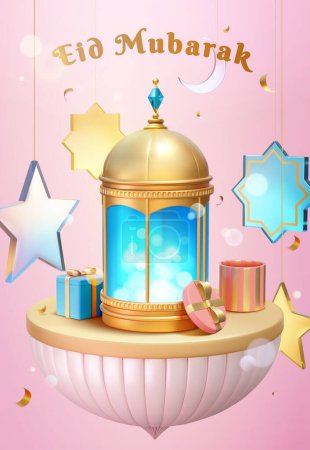 Téléchargez les illustrations : 3D Illustration of Islamic lantern display on inverted cone podium floating on pink background. Surrounded by hanging glass decor and gifboxes. - en licence libre de droit
