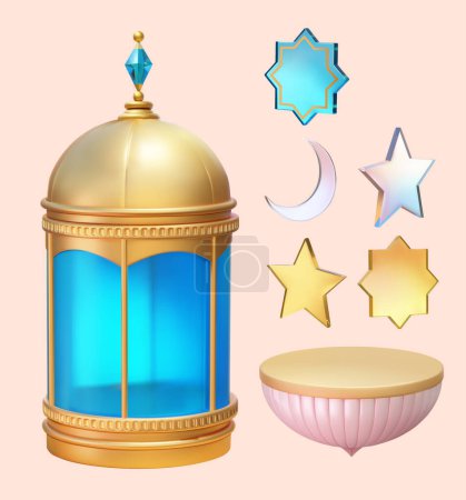 Illustration for 3D Illustration of Islamic lantern, geometric shaped glass decoration and inverted cone podium isolated on beige background. - Royalty Free Image