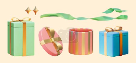 Illustration for 3D Illustration of wrapped giftboxes, opened giftbox, twisted ribbons, and gold star isolated on beige background. Suitable for birthday party and festive celebration. - Royalty Free Image