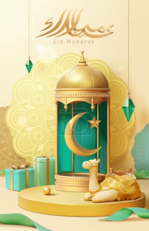 Illustration for 3D Illustration of crescent decor in islamic lantern and ceramic camel display on gold podium with arabesque ornament and giftboxes in the back. Calligraphy Translation: Eid Mubarak - Royalty Free Image