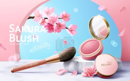 Téléchargez les illustrations : 3D cherry blossom theme beauty cosmetic ad. Blush powder compact and make up brush display on marble stone podium and decorated with sakura petals. - en licence libre de droit