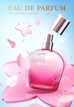 Illustration for 3D cherry blossom theme perfume ad. Pink spray glass bottle display on sakura shaped glass disk ornament with falling flower petals decoration. - Royalty Free Image
