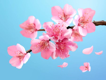 Ilustración de Ilustración 3D de sakura floreciendo en ramas con pétalos de flores cayendo sobre fondo azul del cielo. - Imagen libre de derechos