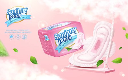 Téléchargez les illustrations : 3D illustration of sanitary pad surrounded with fresh herbal leaves and mist on light pink swing. Concept of pads with natural herbal extract and anti-bacterial properties - en licence libre de droit