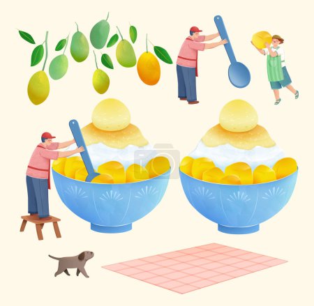 Ilustración de Fruit dessert and character themed illustration. Including boy scooping with spoon, giant shaved ice, girl carrying mango cube on shoulder, mango with branches, dog and picnic blanket - Imagen libre de derechos
