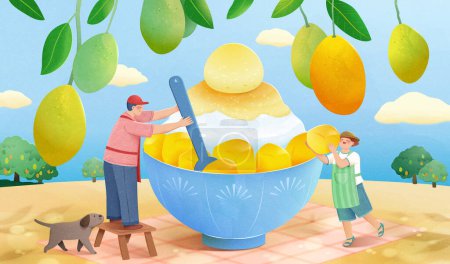 Ilustración de Illustration of miniature people scooping mango from giant shaved ice with spoon and carrying mango cube on shoulder. Tropical fruit dessert and character themed illustration - Imagen libre de derechos