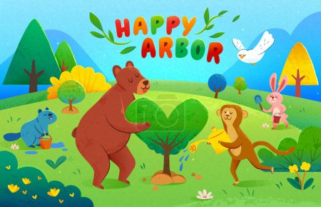 Illustration von niedlichen Tieren, die Bäume in der Natur pflanzen und gießen. Geeignet für Arbor Tag und Erde Tag.