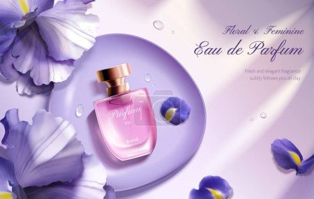 3D illustration of floral theme perfume ad. Pink perfume spray glass bottle display on round plate surrounded with purple iris flower and petals.