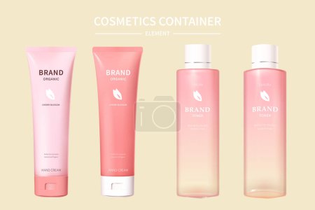 Illustration for 3D illustration of cherry blossom cosmetic container element set. Including pink and light pink tube alongside with gradient glass bottles isolated on beige background - Royalty Free Image
