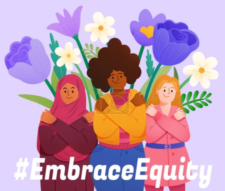 Illustration for Illustration of International Women's Day. Diverse women in self hug pose with flowers decoration in pastel purple background. Concept of embrace equity. - Royalty Free Image