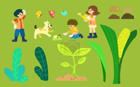 Illustration of cute children, animals, insects, plants and rocks isolated on apple green background. Suitable for Arbor day and Earth day.