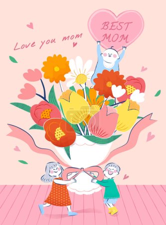 Illustration des schönen Happy Mother 's Day Posters. Niedliche Miniatur-Kinder tragen eingewickelten Strauß, während ein Baby hält Liebe Form Karte auf den Blumen.